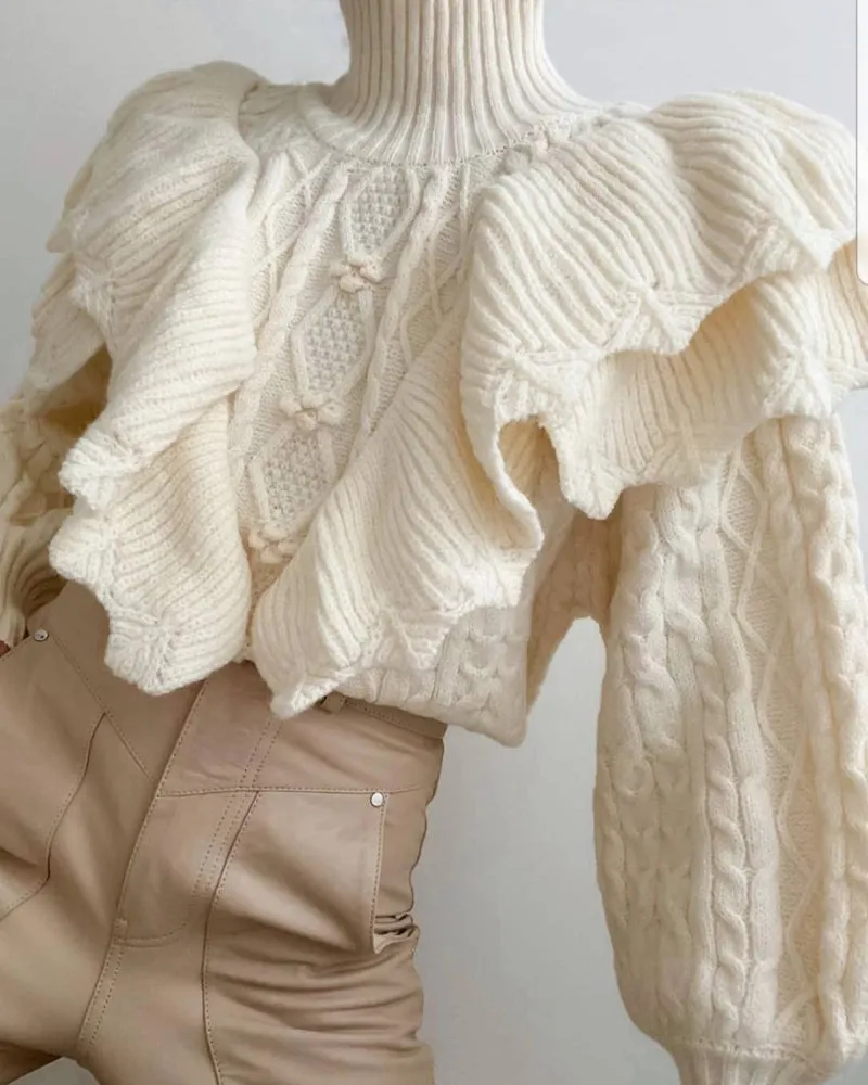 High Collar Ruffles Lantern Sleeves Knit Sweater