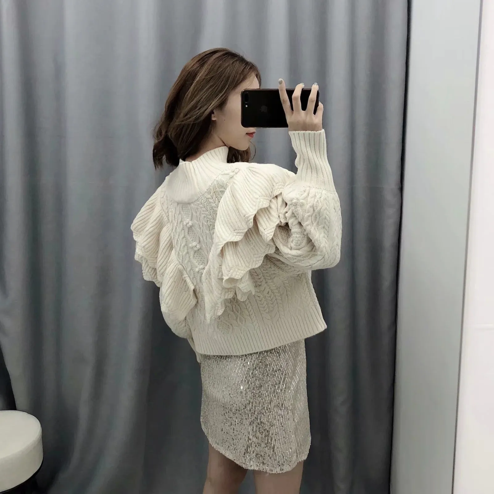 High Collar Ruffles Lantern Sleeves Knit Sweater