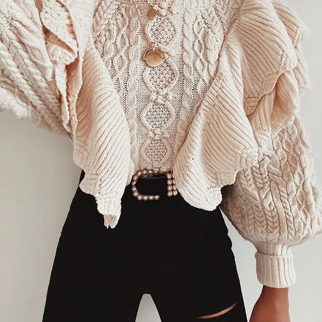 High Collar Ruffles Lantern Sleeves Knit Sweater
