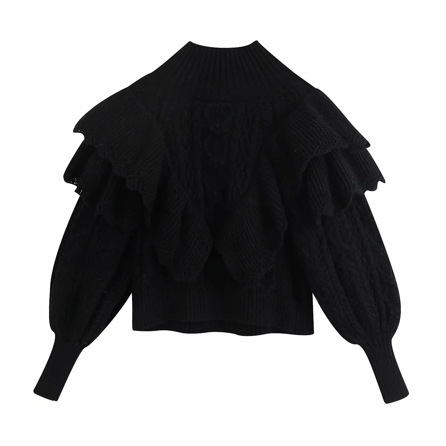 High Collar Ruffles Lantern Sleeves Knit Sweater