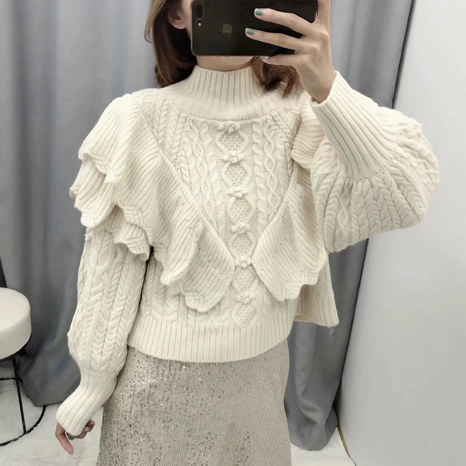 High Collar Ruffles Lantern Sleeves Knit Sweater