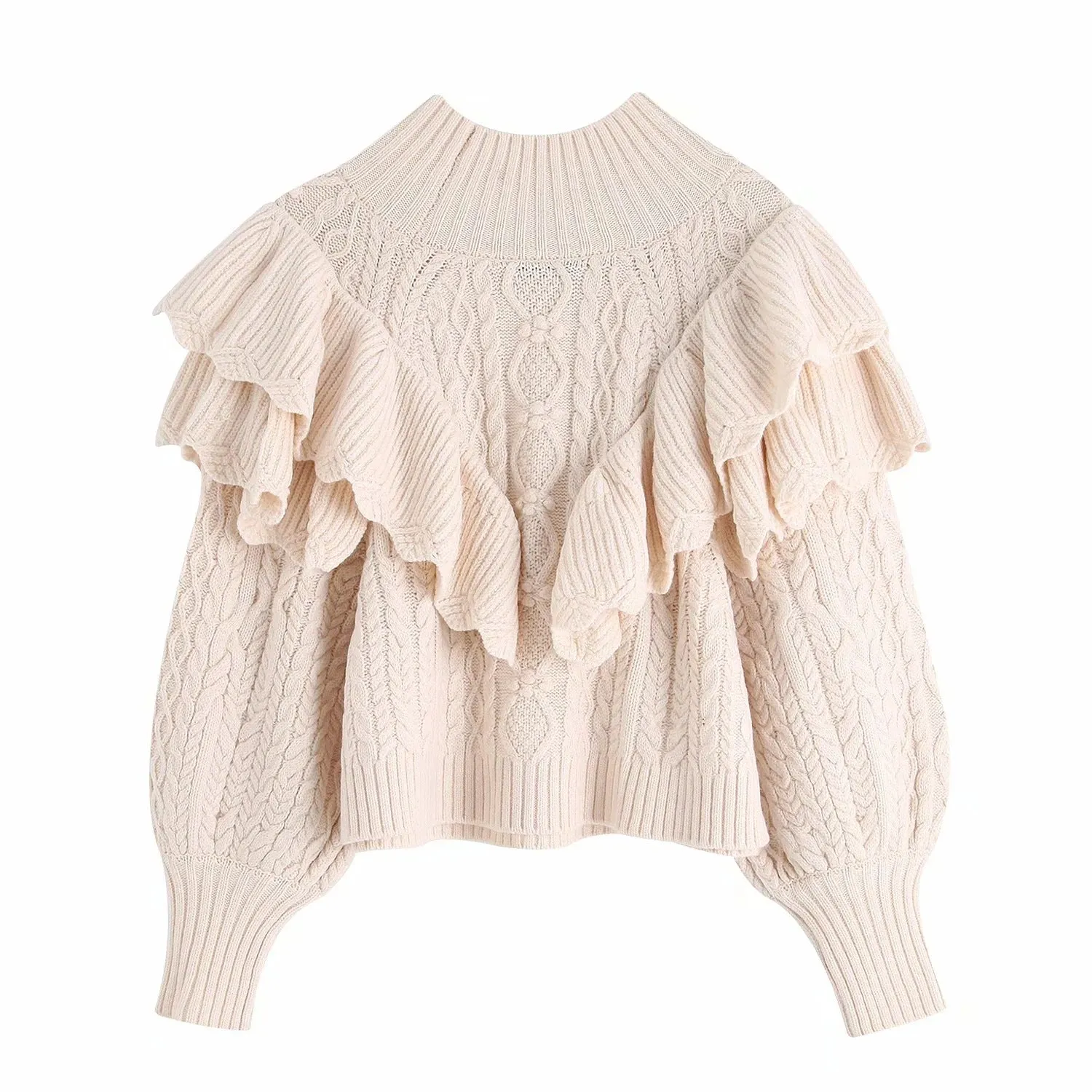 High Collar Ruffles Lantern Sleeves Knit Sweater