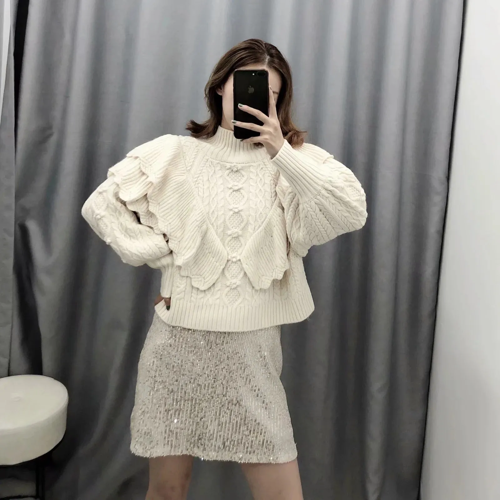 High Collar Ruffles Lantern Sleeves Knit Sweater
