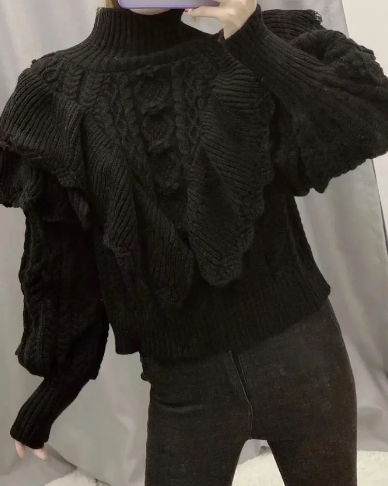 High Collar Ruffles Lantern Sleeves Knit Sweater