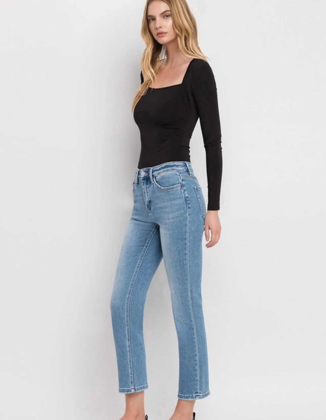 High Rise Clean Slim Straight Ankle- Medium Wash