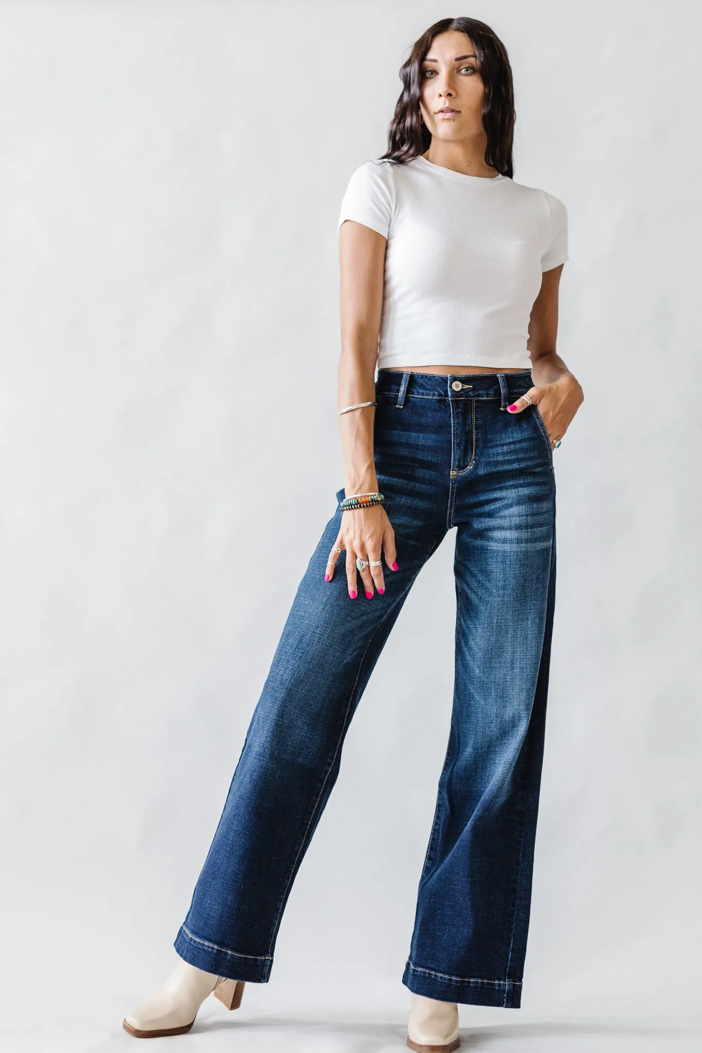 High Rise Kancan Trouser in Dark Wash
