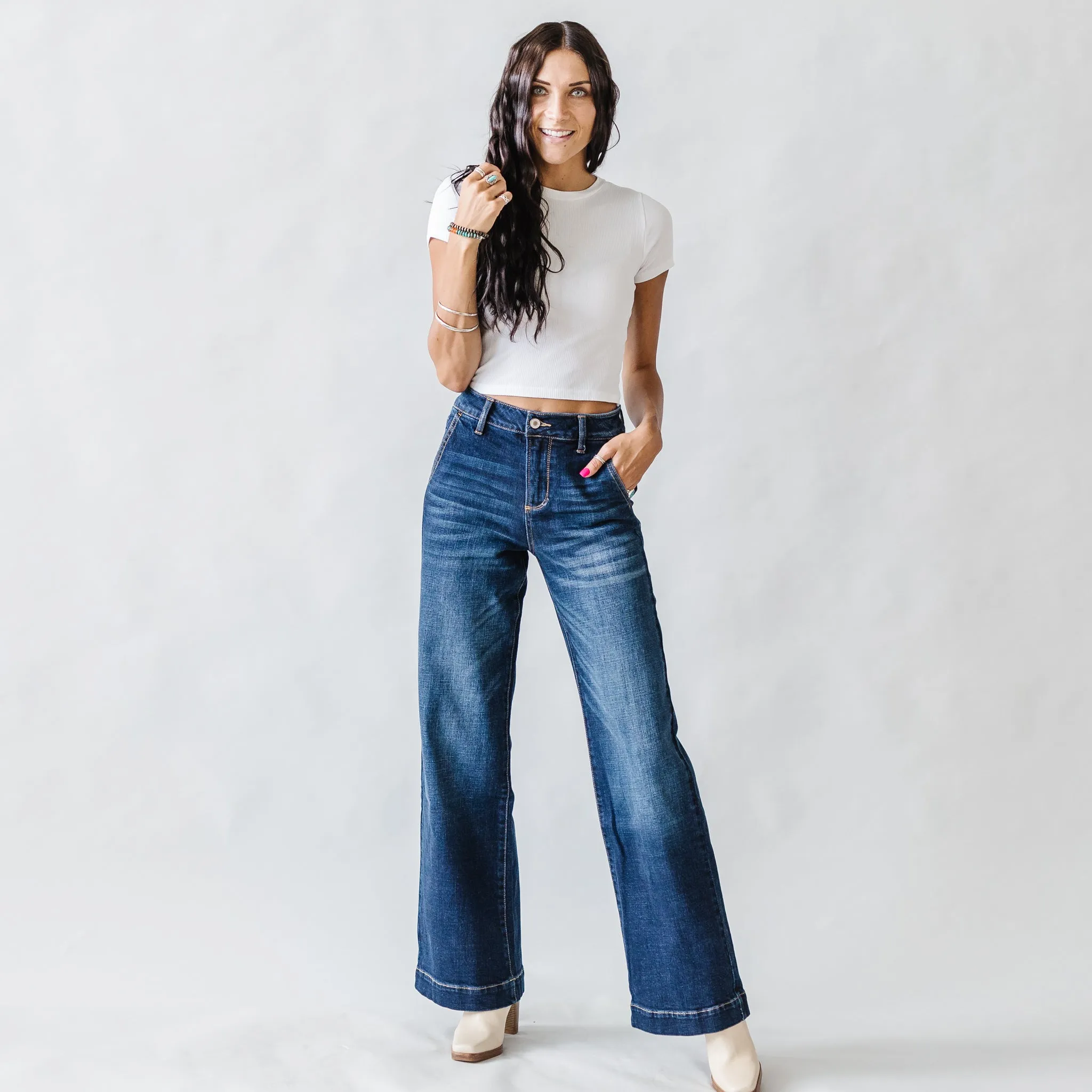 High Rise Kancan Trouser in Dark Wash