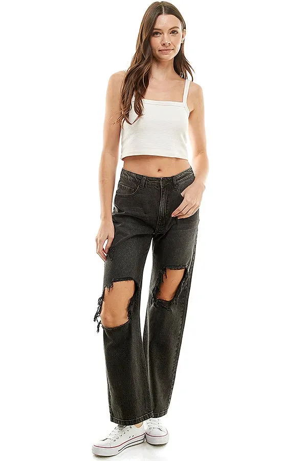 HIGH RISE RIPPED WIDE LEG JEANS