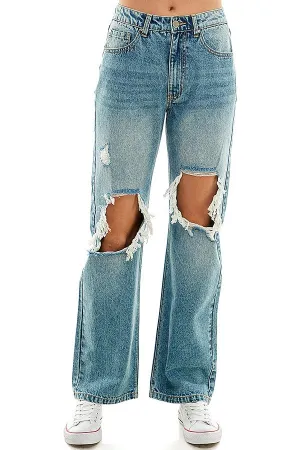 HIGH RISE RIPPED WIDE LEG JEANS