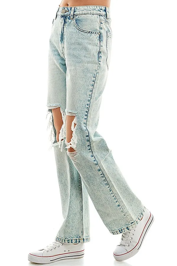 HIGH RISE RIPPED WIDE LEG JEANS