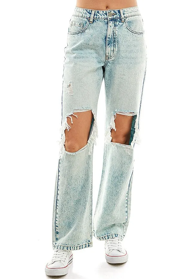 HIGH RISE RIPPED WIDE LEG JEANS