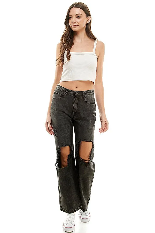 HIGH RISE RIPPED WIDE LEG JEANS