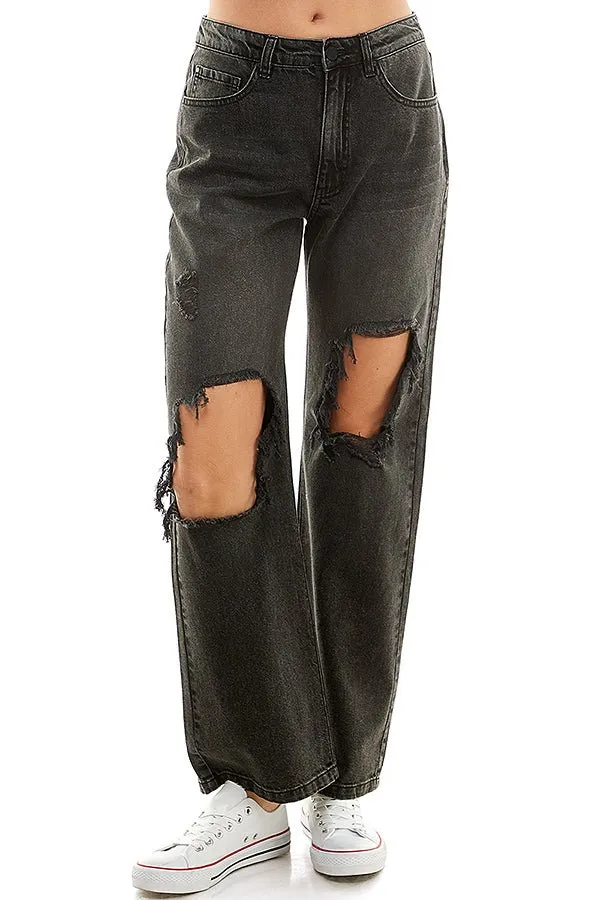 HIGH RISE RIPPED WIDE LEG JEANS