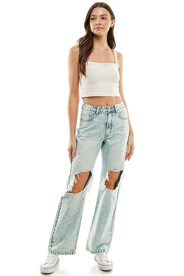 HIGH RISE RIPPED WIDE LEG JEANS