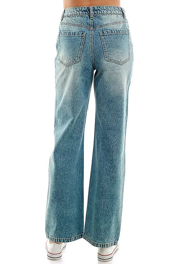 HIGH RISE RIPPED WIDE LEG JEANS