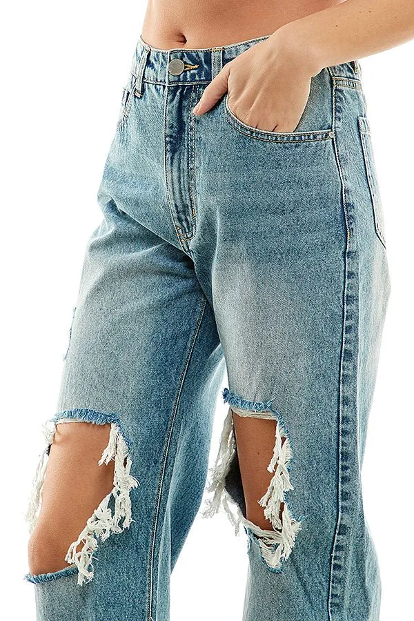 HIGH RISE RIPPED WIDE LEG JEANS