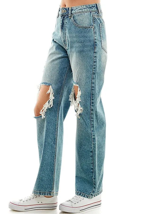 HIGH RISE RIPPED WIDE LEG JEANS