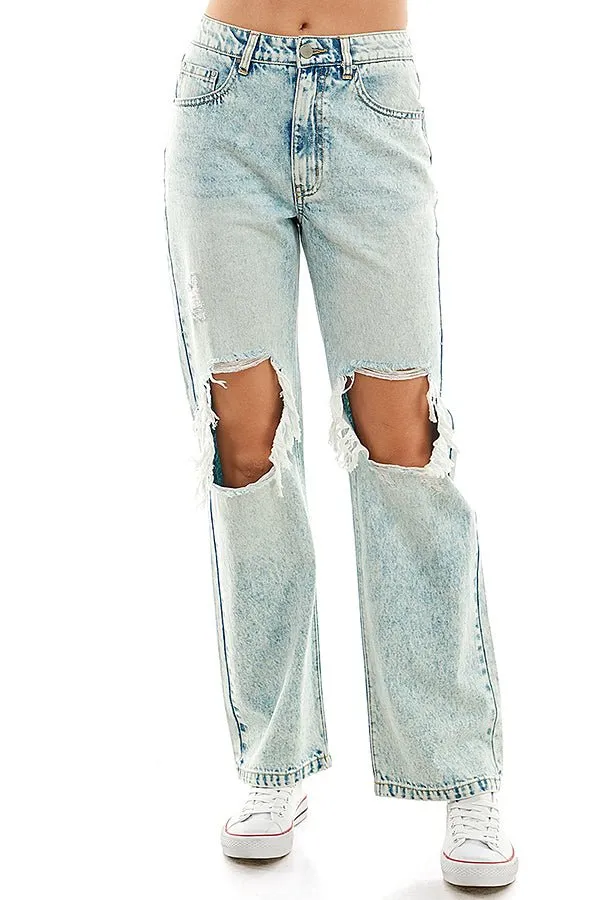 HIGH RISE RIPPED WIDE LEG JEANS