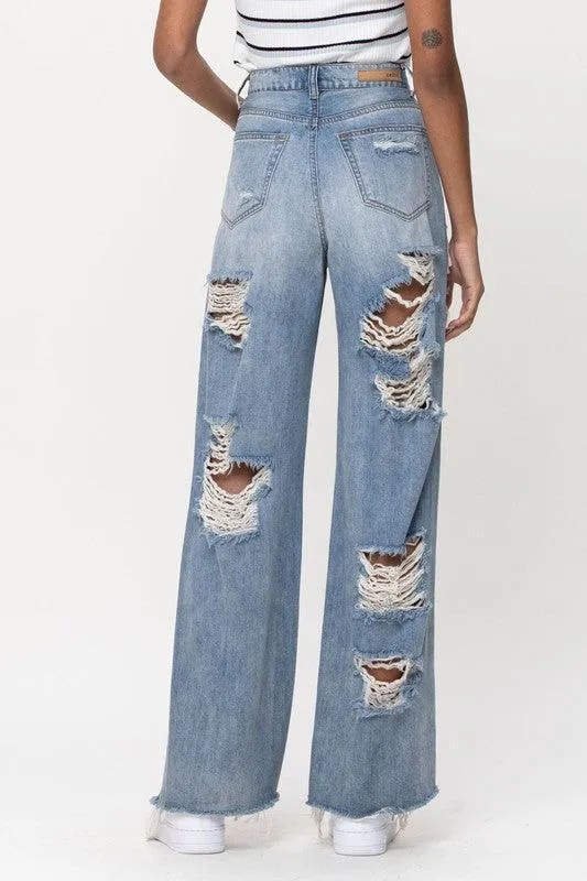 High Rise Super Distress Wide Leg
