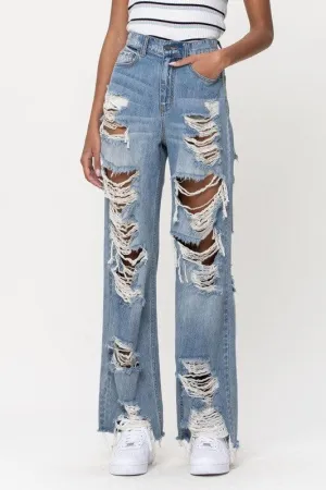 High Rise Super Distress Wide Leg