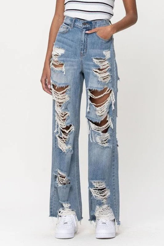 High Rise Super Distress Wide Leg