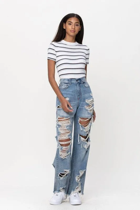 High Rise Super Distress Wide Leg