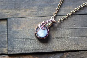 Ice Blue Fused Glass Mini Pendant with Copper Wire Wrapping