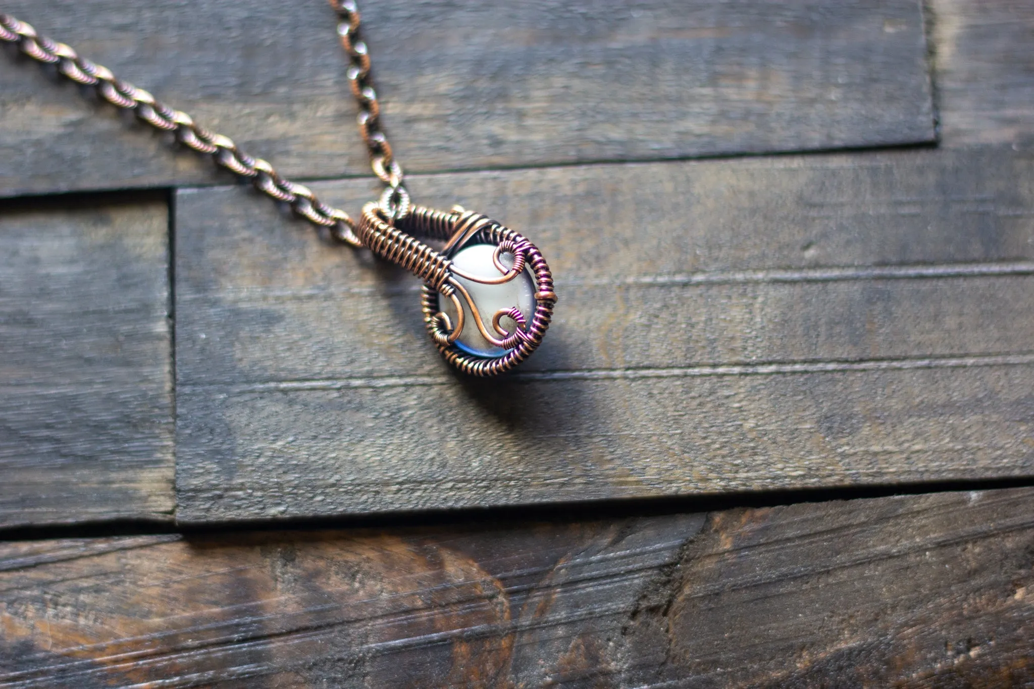 Ice Blue Fused Glass Mini Pendant with Copper Wire Wrapping