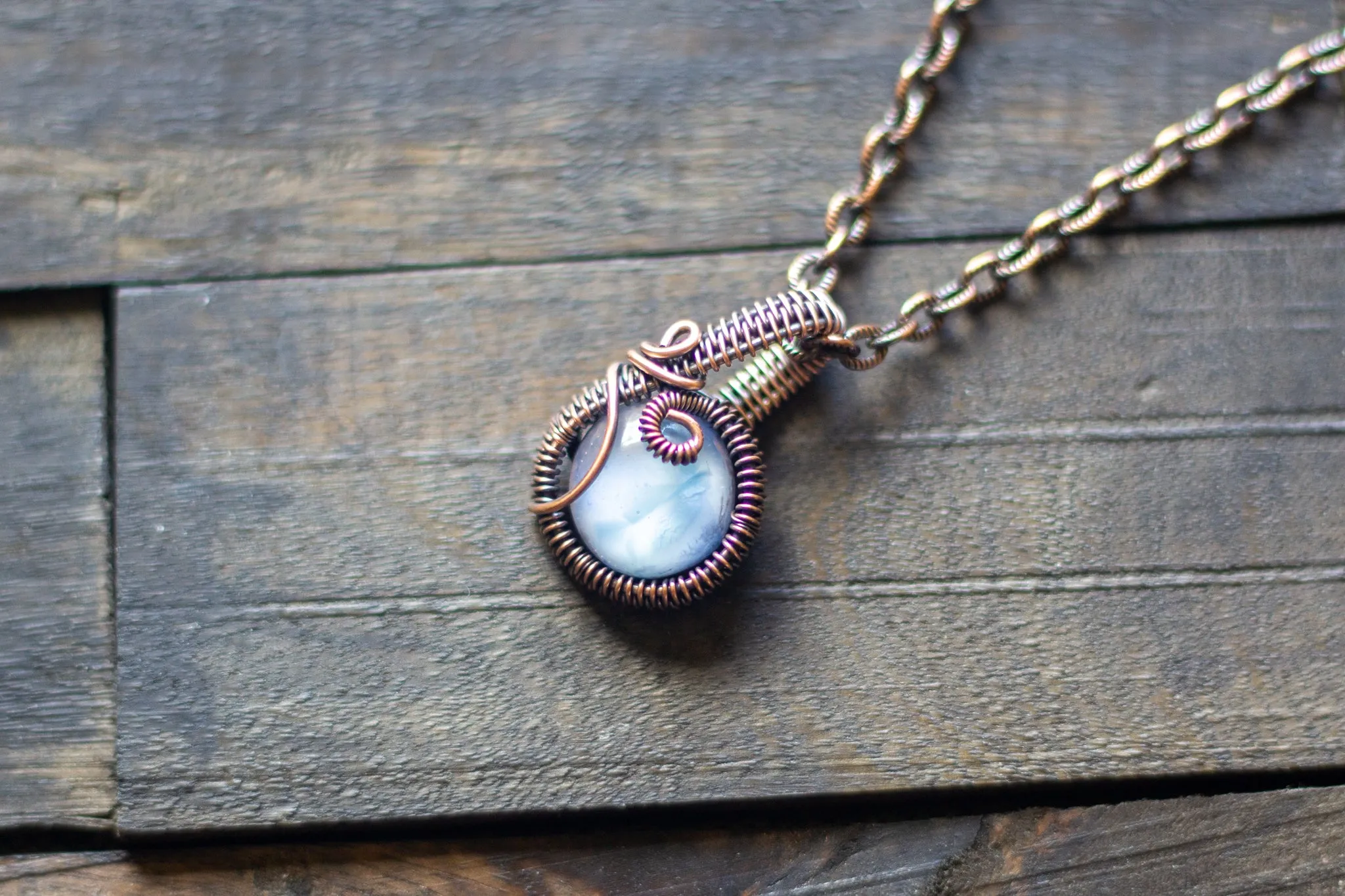 Ice Blue Fused Glass Mini Pendant with Copper Wire Wrapping