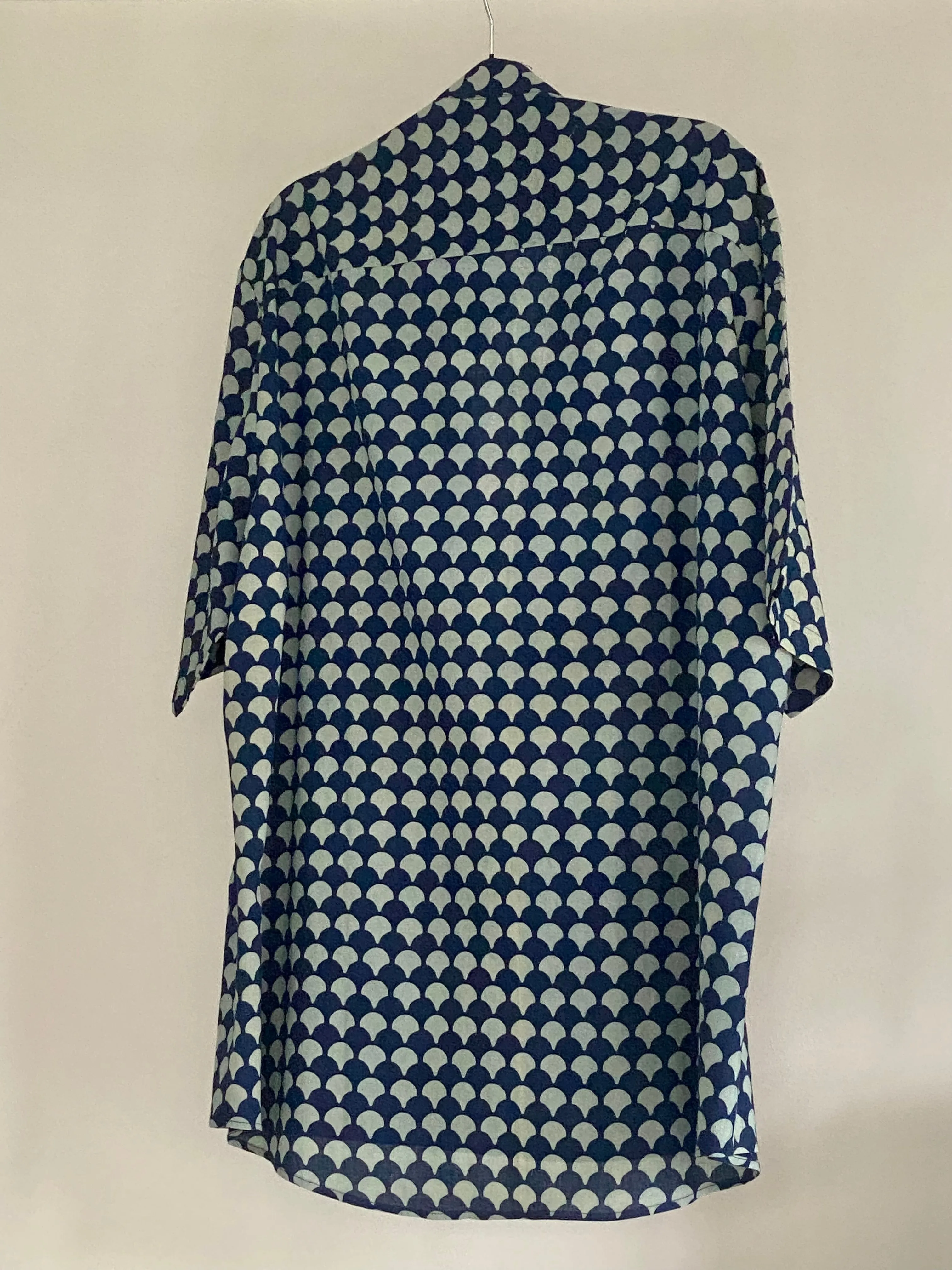 Indigo Block Print Banded Collar Placket Shirt (SS)