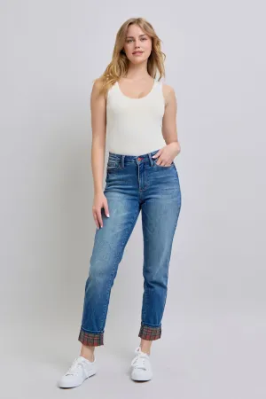 Judy Blue Full Size Plaid Print Cuff Straight Leg Jeans