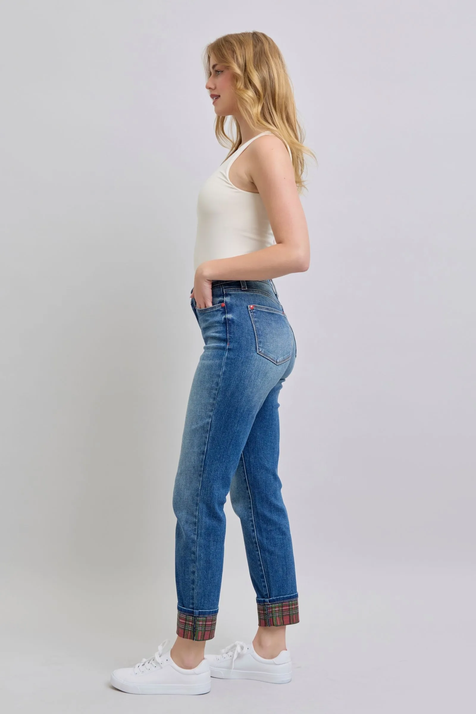 Judy Blue Full Size Plaid Print Cuff Straight Leg Jeans