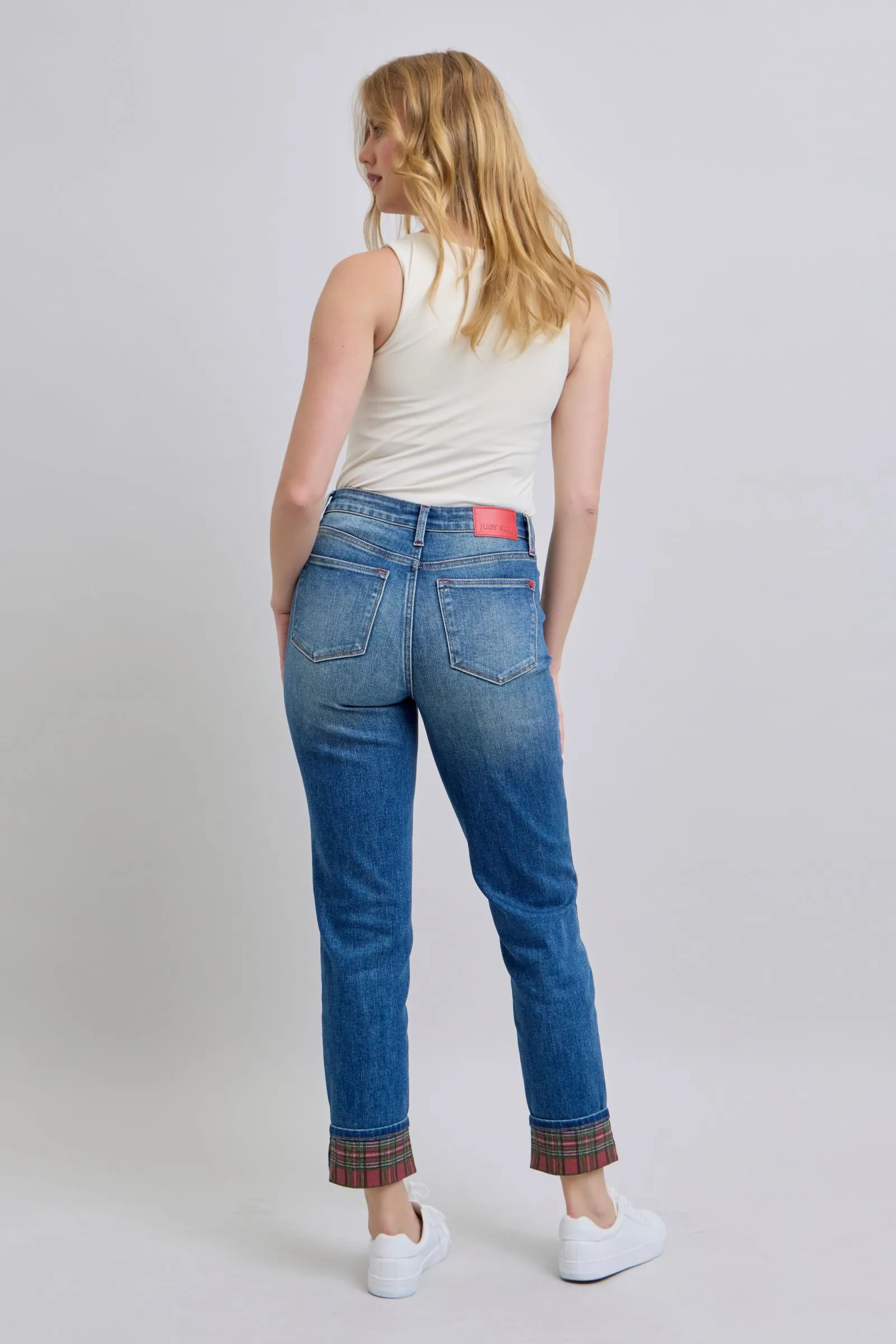 Judy Blue Full Size Plaid Print Cuff Straight Leg Jeans