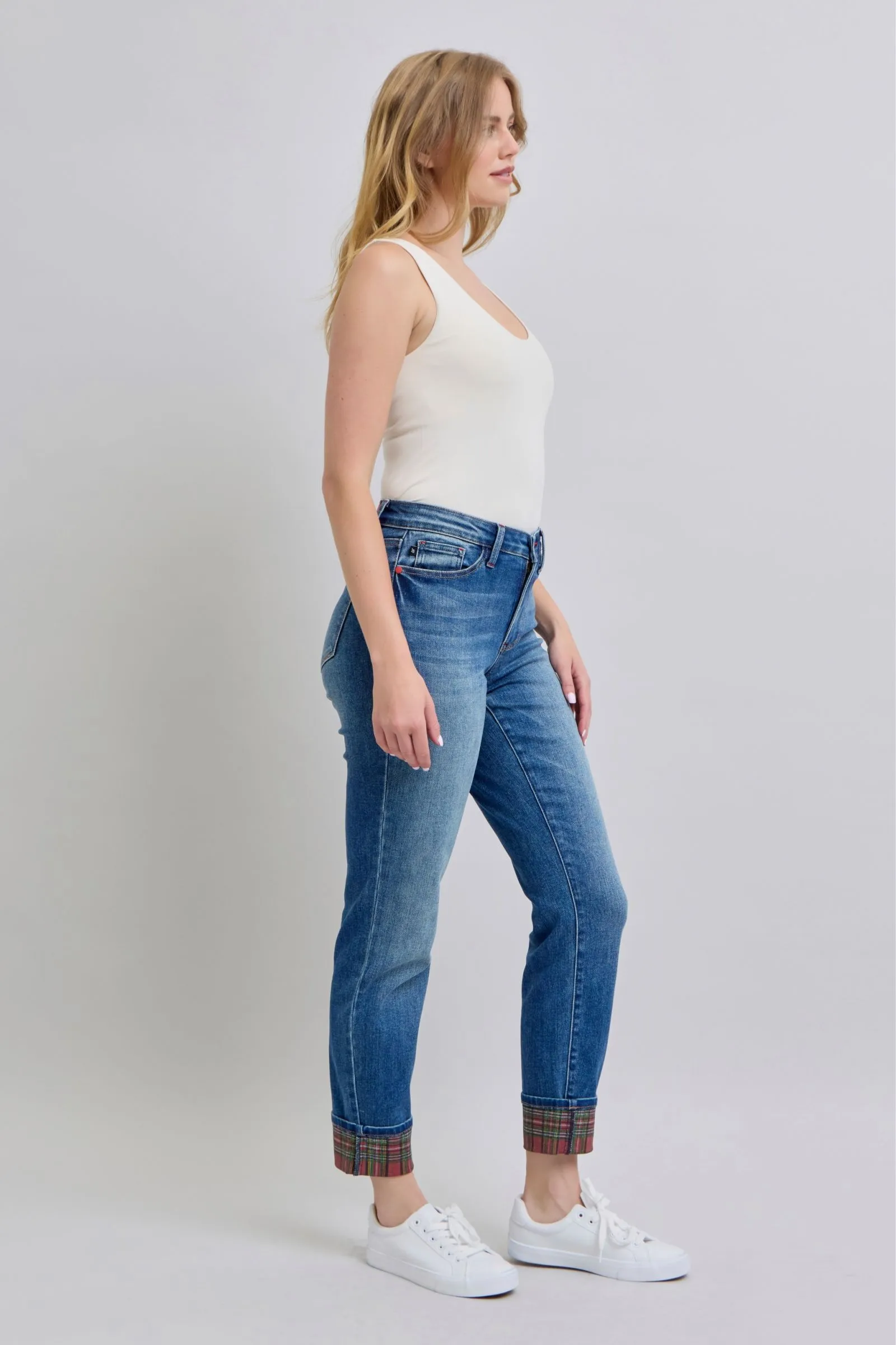 Judy Blue Full Size Plaid Print Cuff Straight Leg Jeans