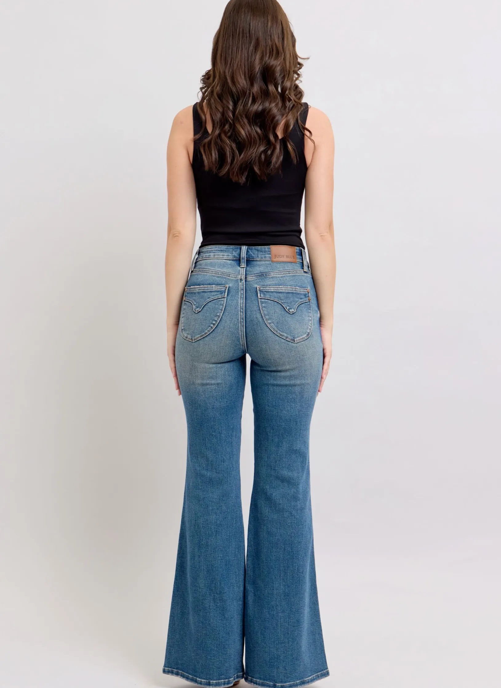 Judy Blue Mid Rise Tummy Control Vintage Wash & Back Shield Pockets Flare leg