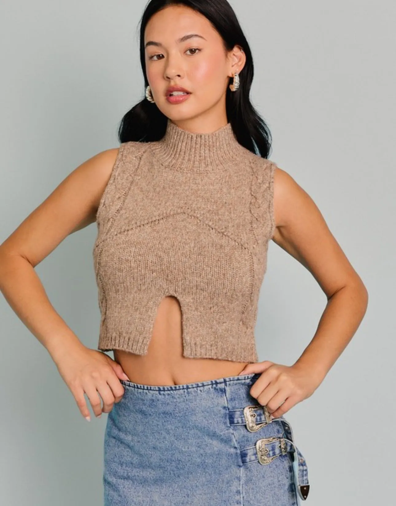 Kerri Mocha Mock Neck Cropped Sweater