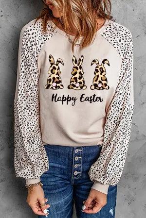 Khaki Casual Leopard Letter Print Raglan Long Sleeve Top