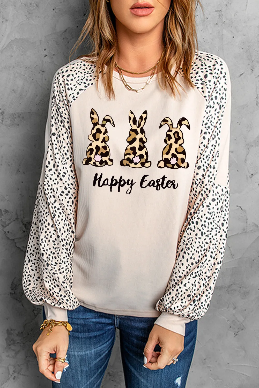 Khaki Casual Leopard Letter Print Raglan Long Sleeve Top