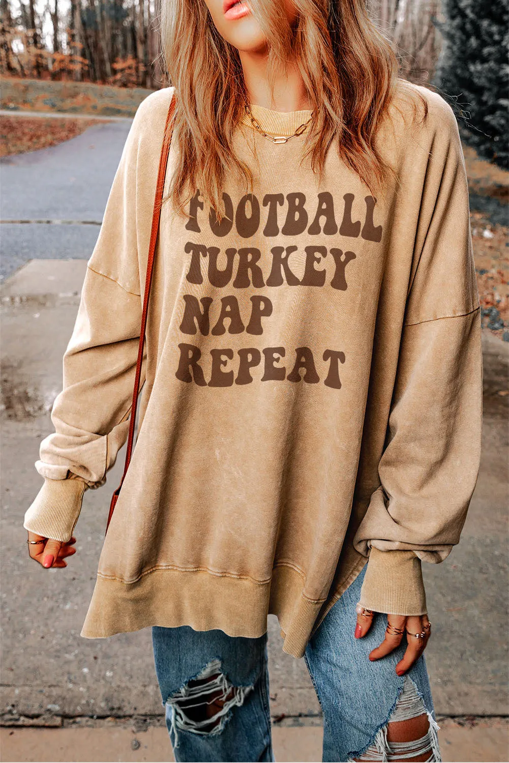 Khaki Football Turkey Nap Repeat Graphic Oversized Sweatshirt