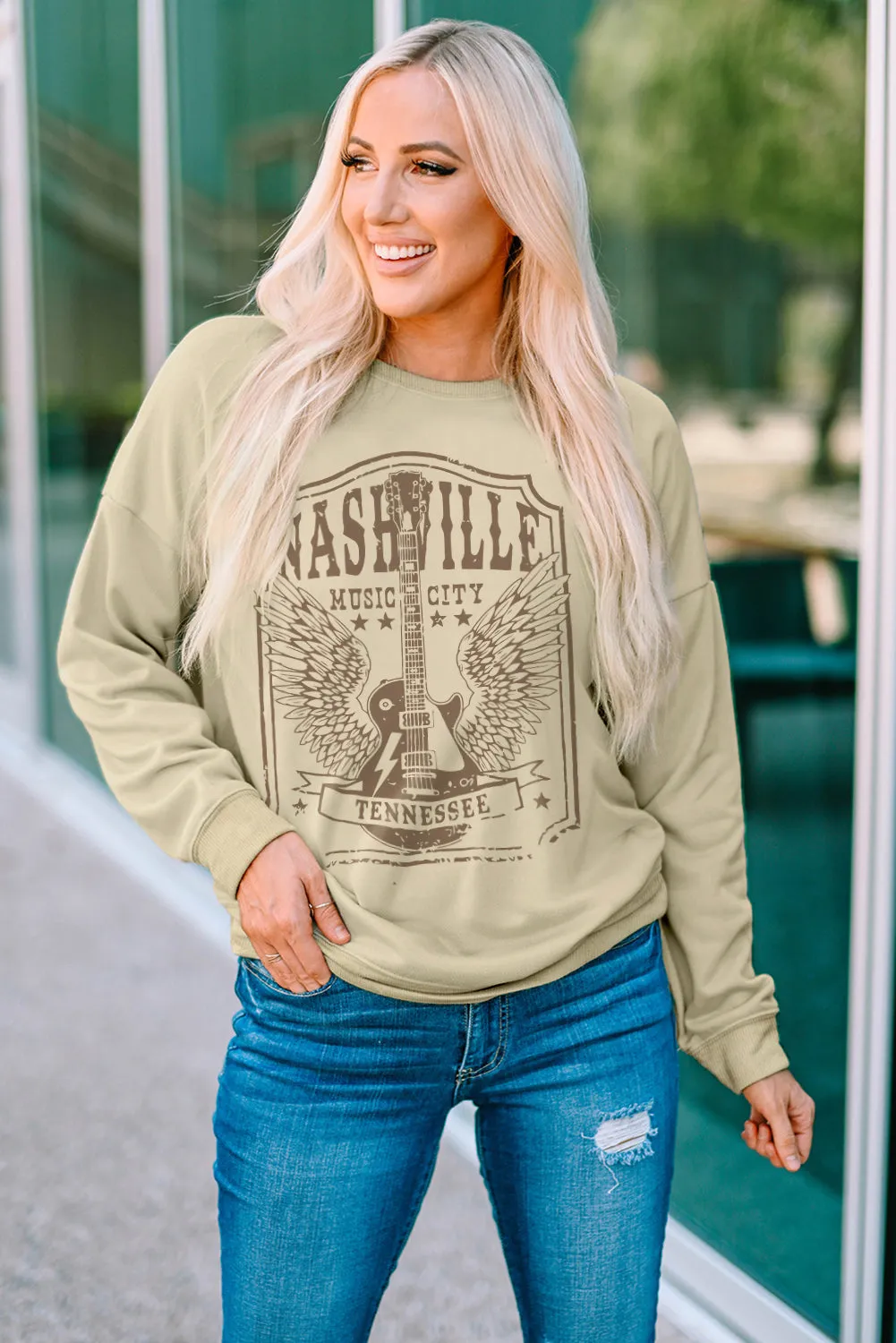 Khaki Guitar Wings Letter Graphic Print Pullover Sweatshirt