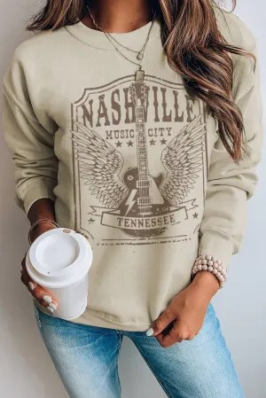 Khaki Guitar Wings Letter Graphic Print Pullover Sweatshirt