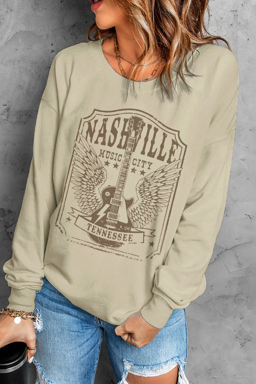 Khaki Guitar Wings Letter Graphic Print Pullover Sweatshirt