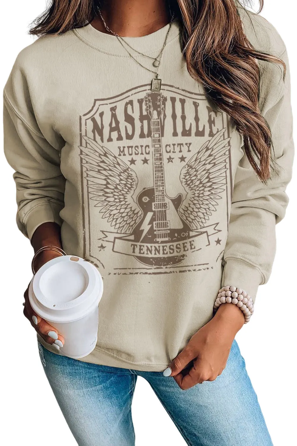 Khaki Guitar Wings Letter Graphic Print Pullover Sweatshirt
