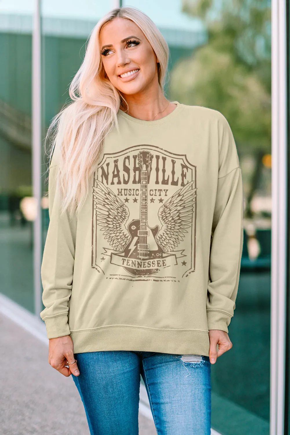 Khaki Guitar Wings Letter Graphic Print Pullover Sweatshirt