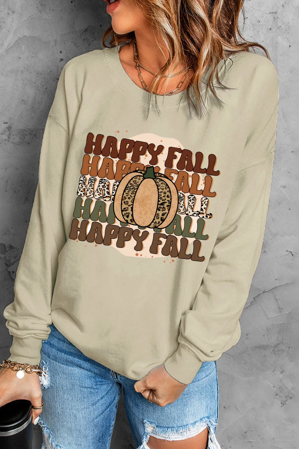 Khaki HAPPY FALL Pumpkin Graphic Print Pullover Sweatshirt