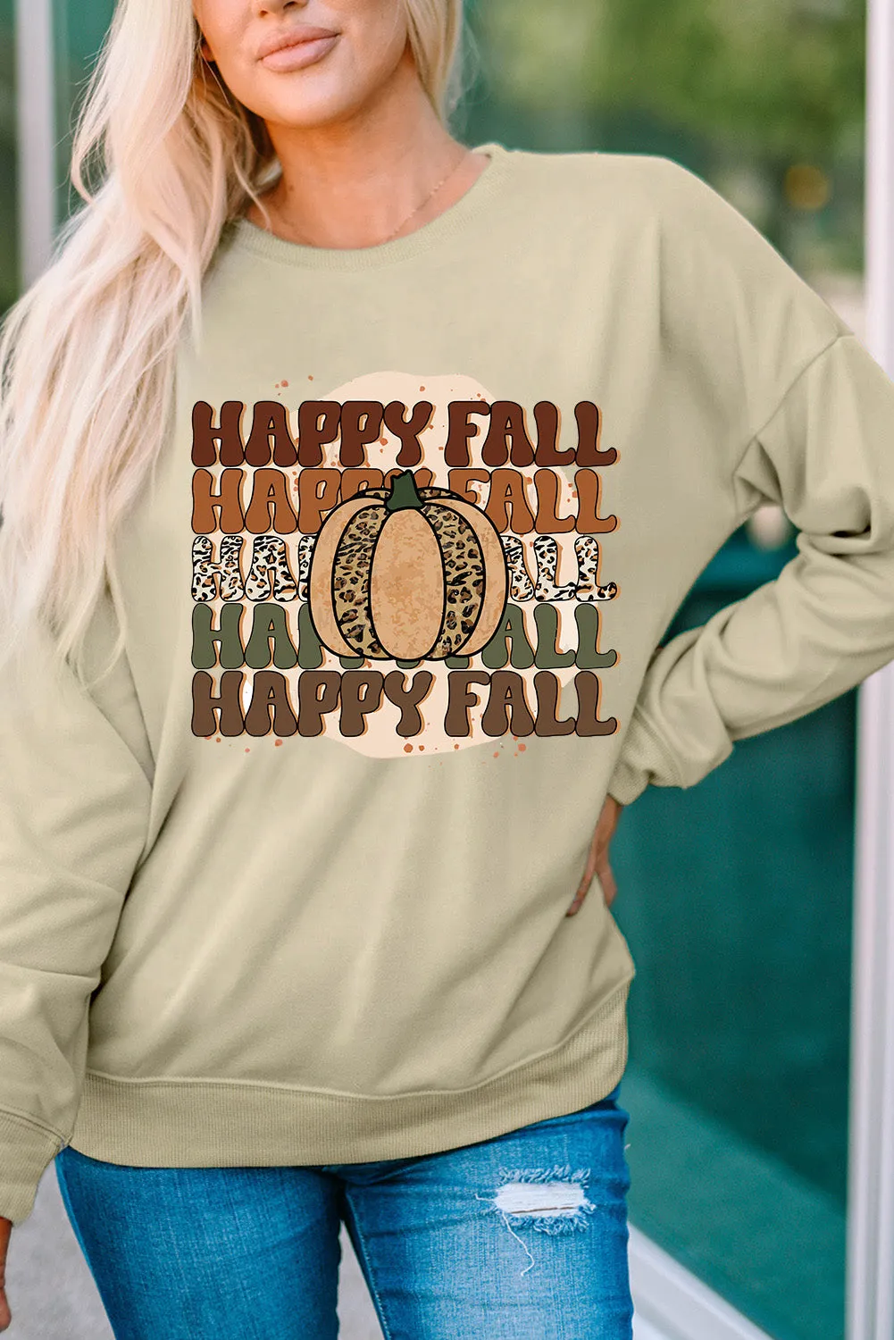 Khaki HAPPY FALL Pumpkin Graphic Print Pullover Sweatshirt