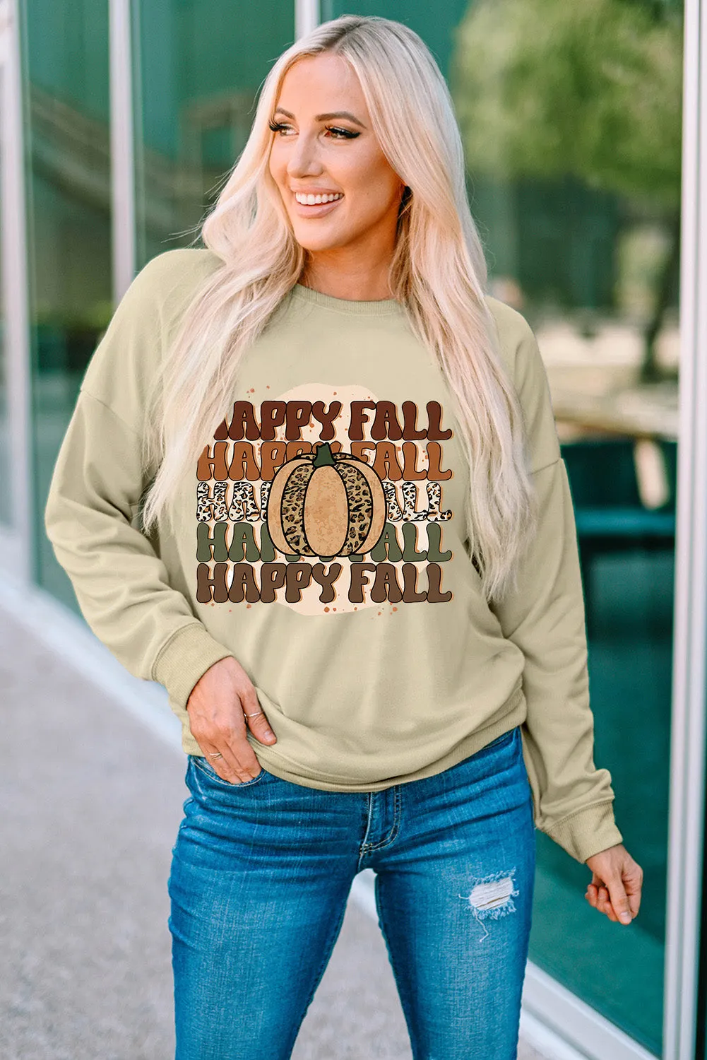 Khaki HAPPY FALL Pumpkin Graphic Print Pullover Sweatshirt