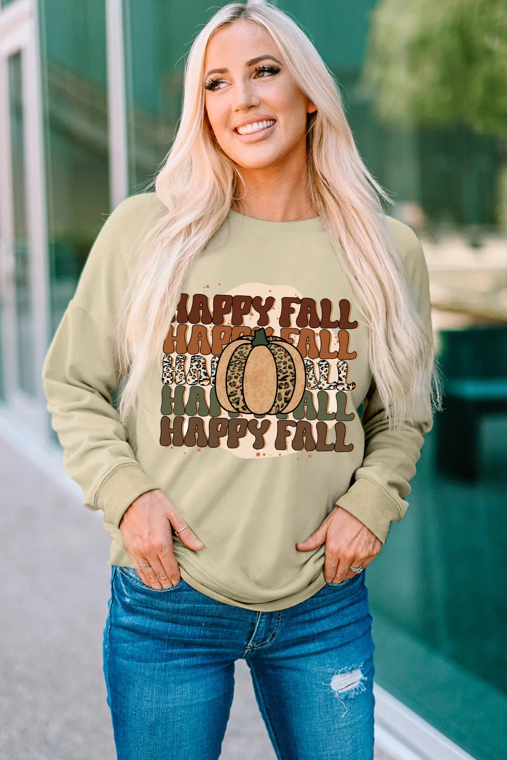 Khaki HAPPY FALL Pumpkin Graphic Print Pullover Sweatshirt