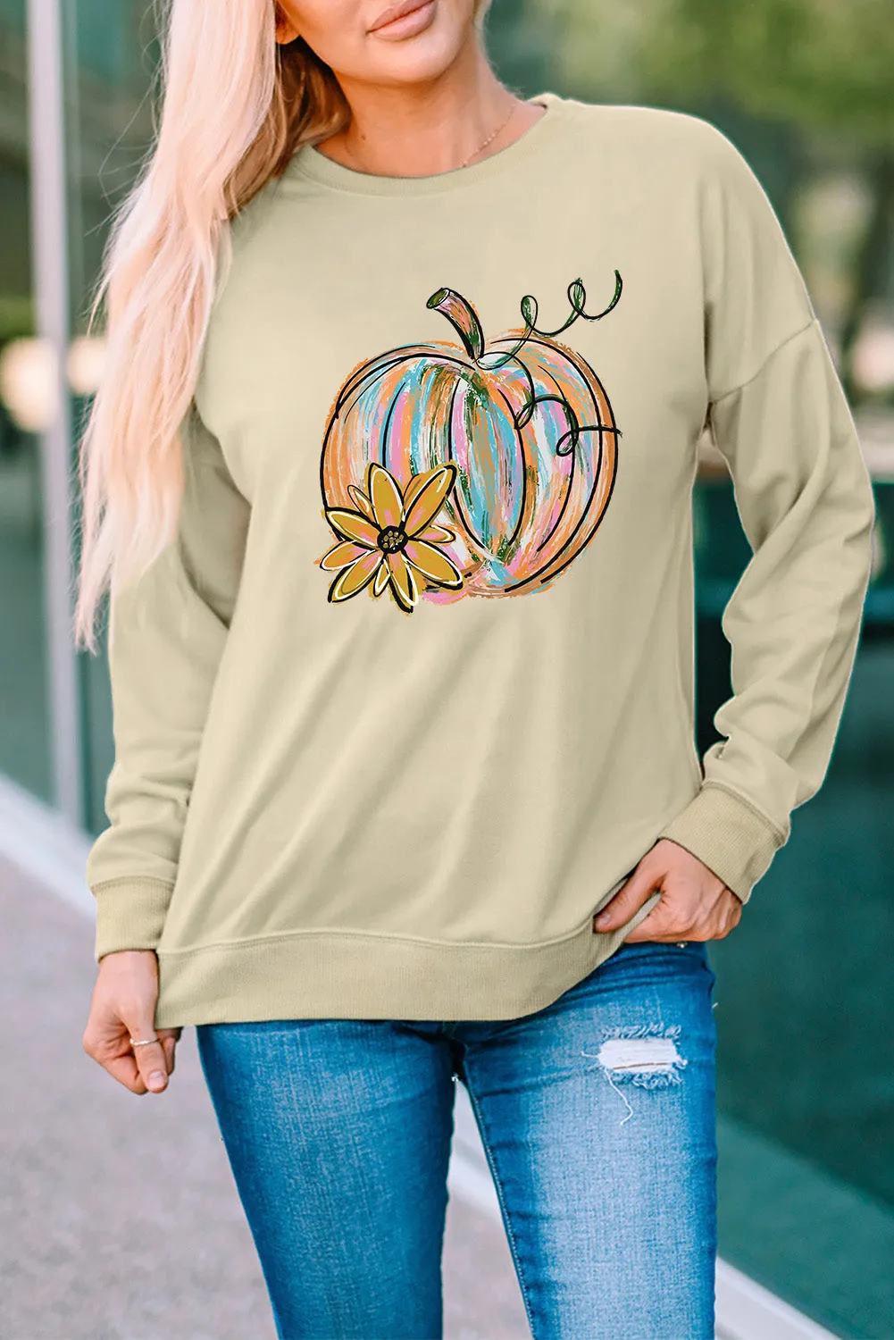 Khaki Pumpkin Flower Print Pullover Sweatshirt