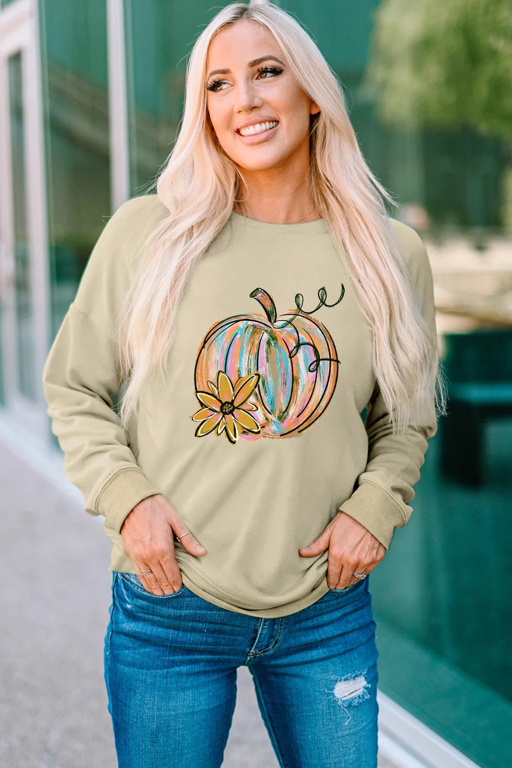 Khaki Pumpkin Flower Print Pullover Sweatshirt